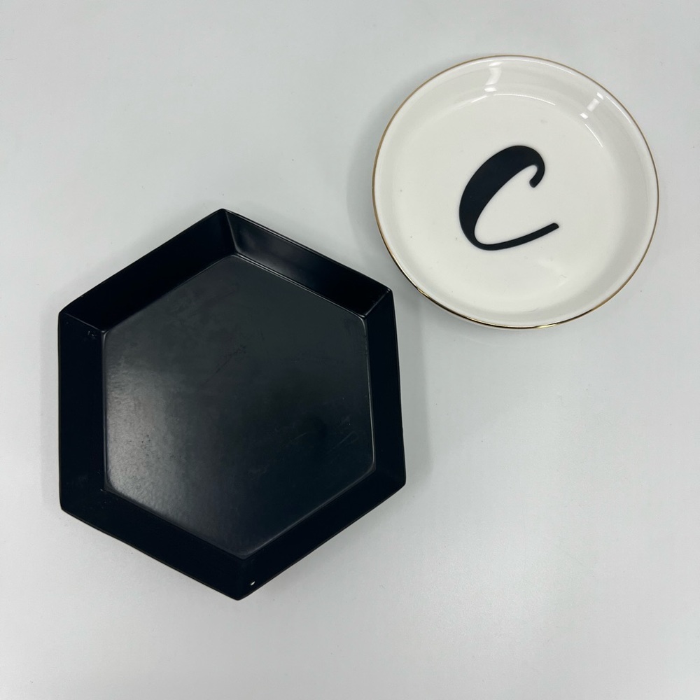 Bundle: Letter C Small Trinket Ring Dish and Black Small Metal Trinket Ring Dish